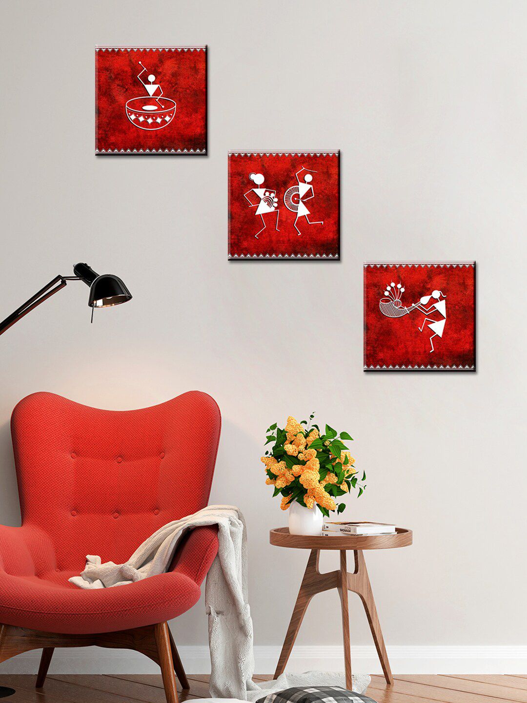 WALLMANTRA Set Of 3 Red & White Warli Folk Art Wall Painting Price in India