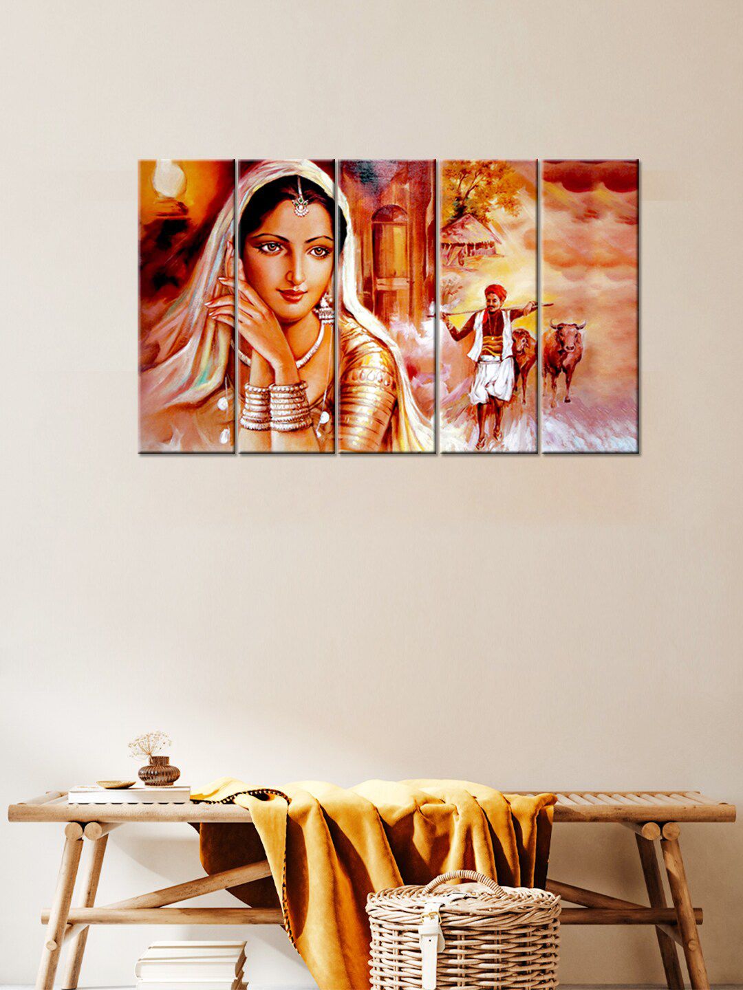 WALLMANTRA Set of 5  Orange & White Rajasthani Woman Wall Painting Price in India