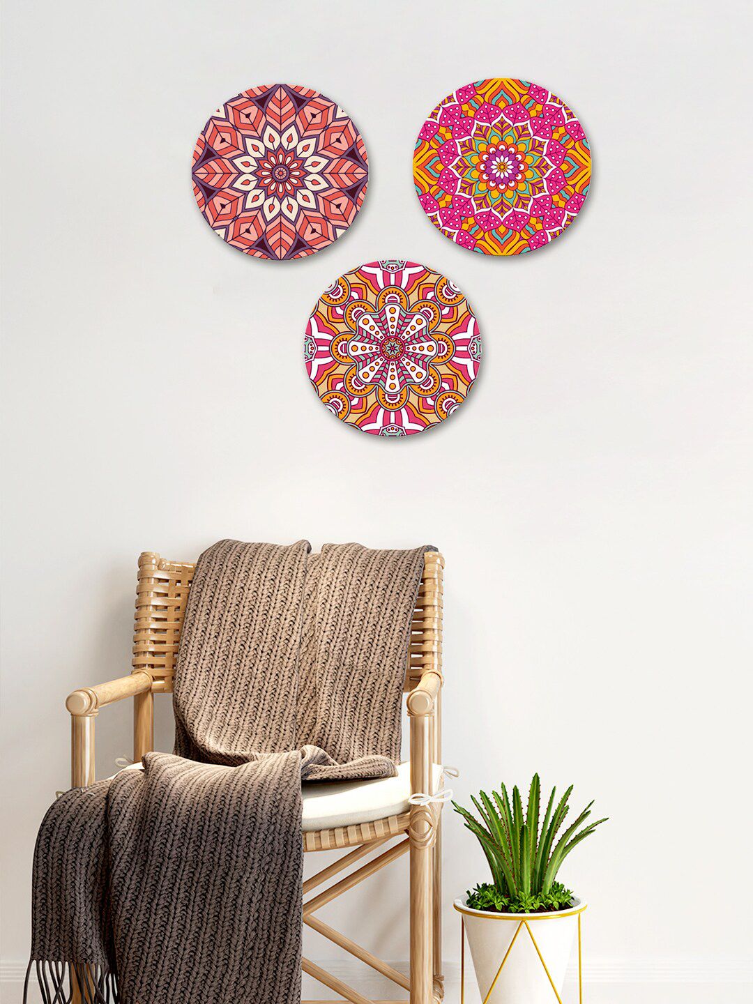 WALLMANTRA Set Of 3 Multicolored Mandala Design Printed Round Shape Canvas Paintings Wall Art Price in India