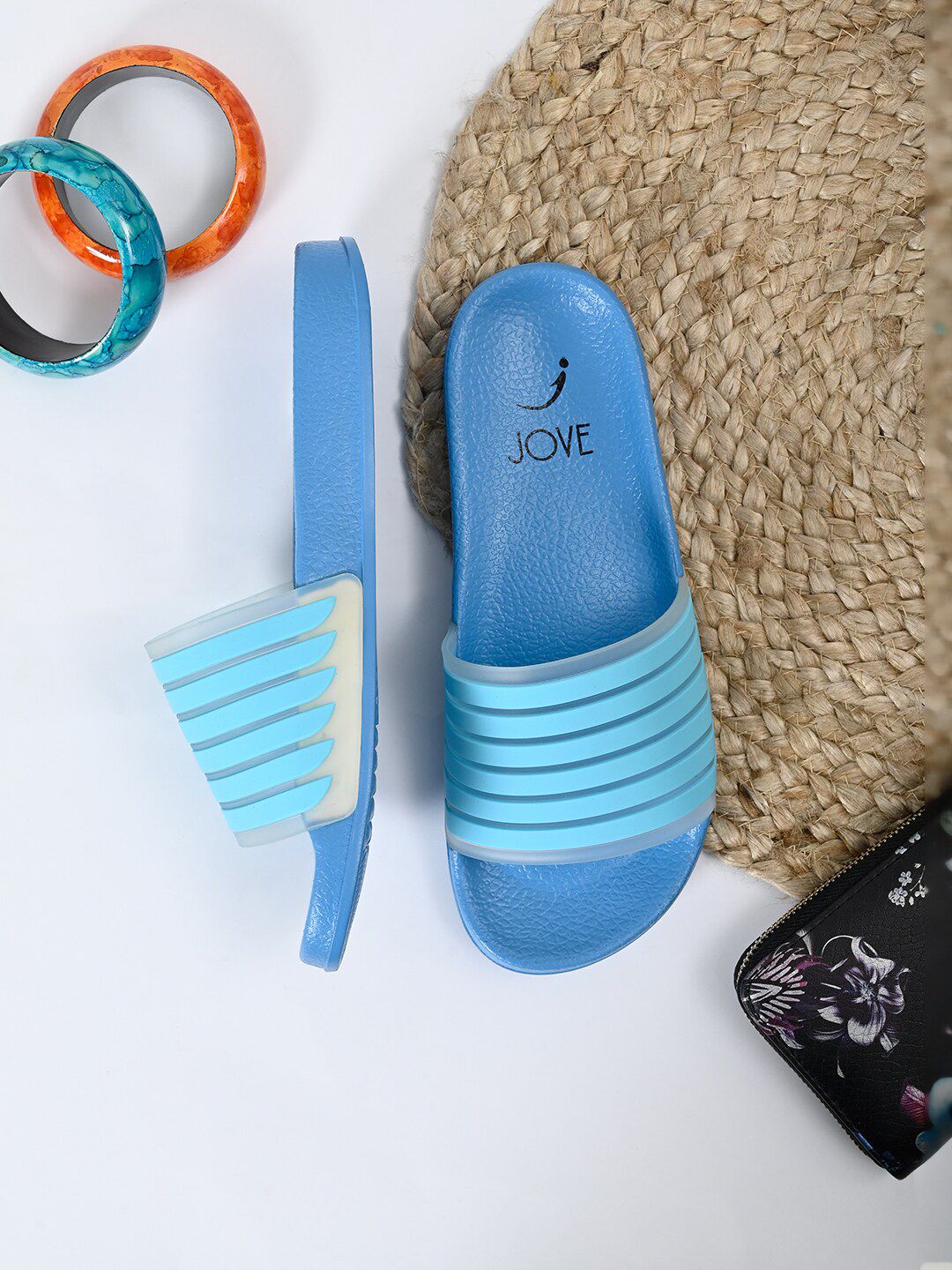 Jove Women Blue Striped Sliders Price in India