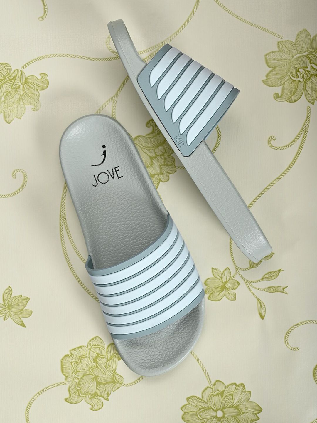 Jove Women Grey & White Striped Sliders Price in India