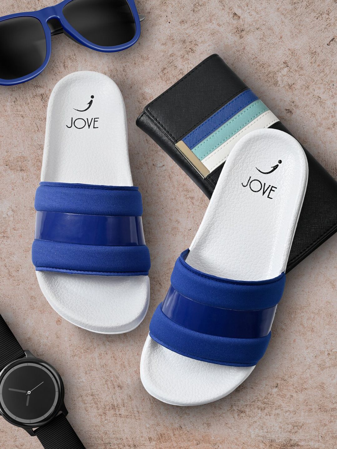 Jove Women Blue & White Solid Sliders Price in India