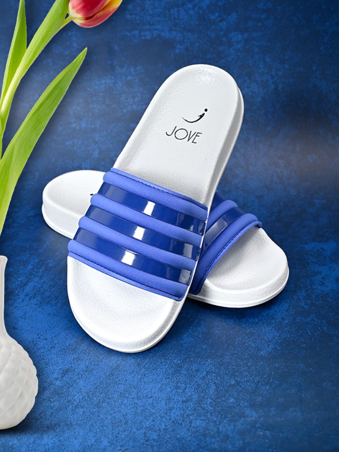 Jove Women Blue & White Striped Slip-On Sliders Price in India