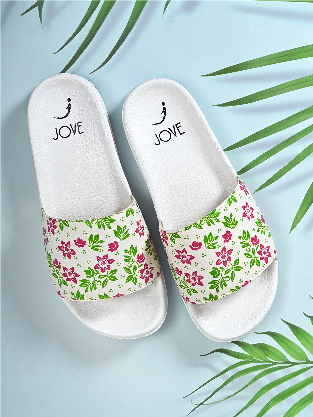 Jove Women White & Green Floral Printed Sliders Price in India