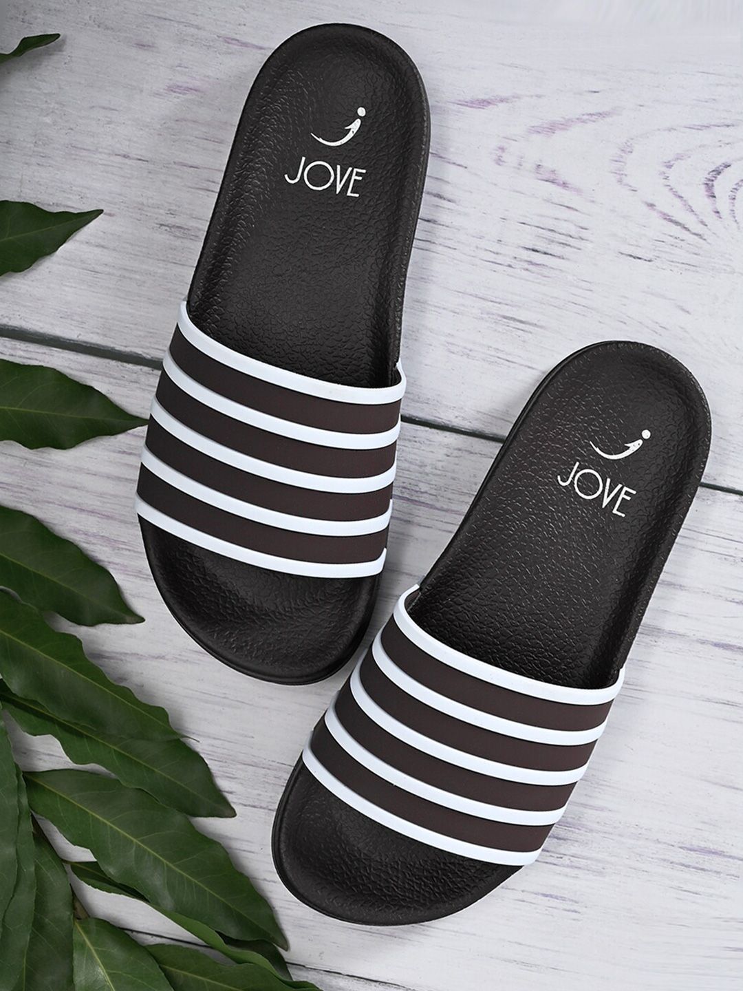 Jove Women Coffee Brown & White Striped Sliders Price in India