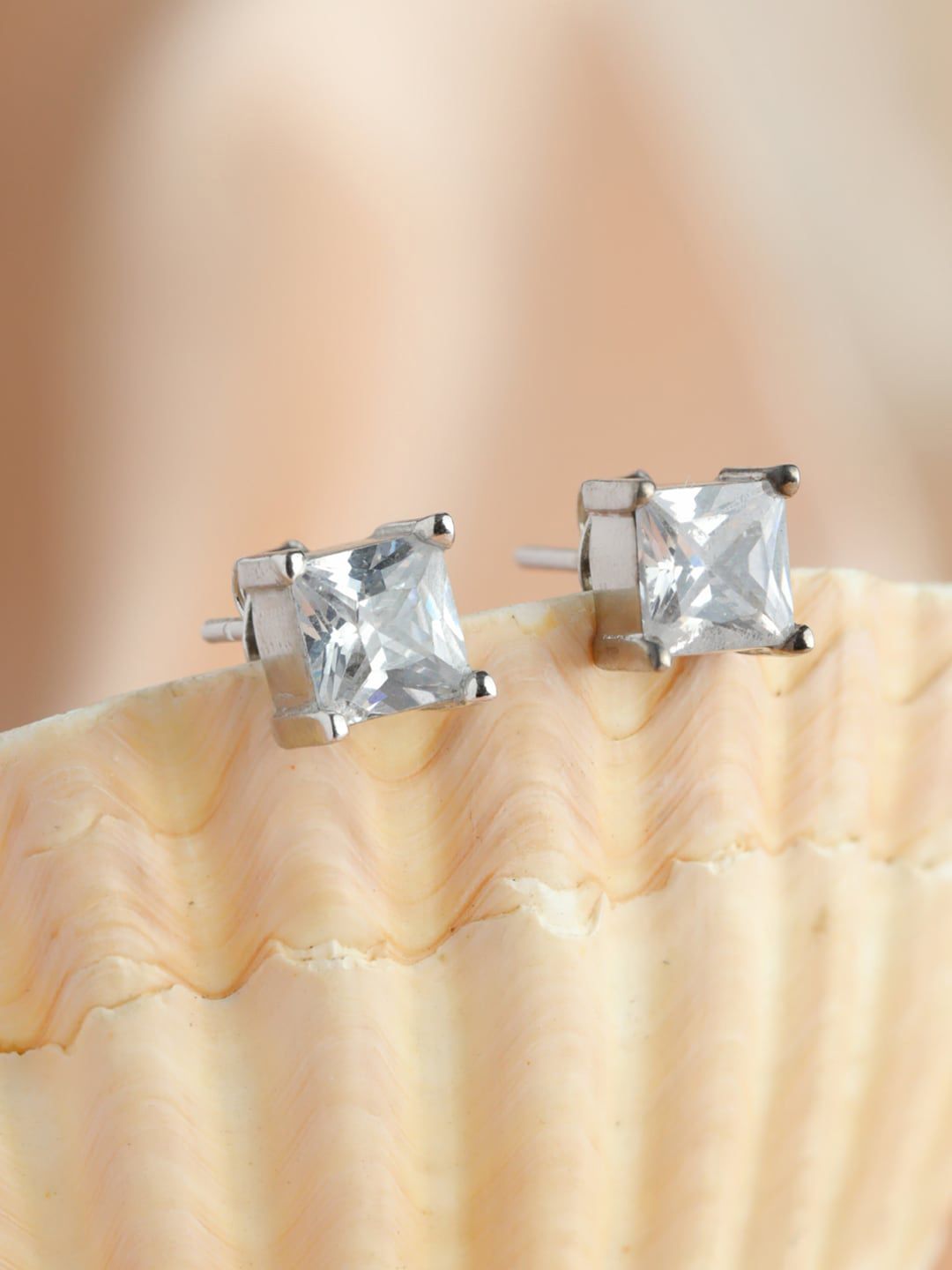 SHEER by Priyaasi Silver-Toned 92.5 Sterling Silver Square Solitaire Studs Earrings Price in India