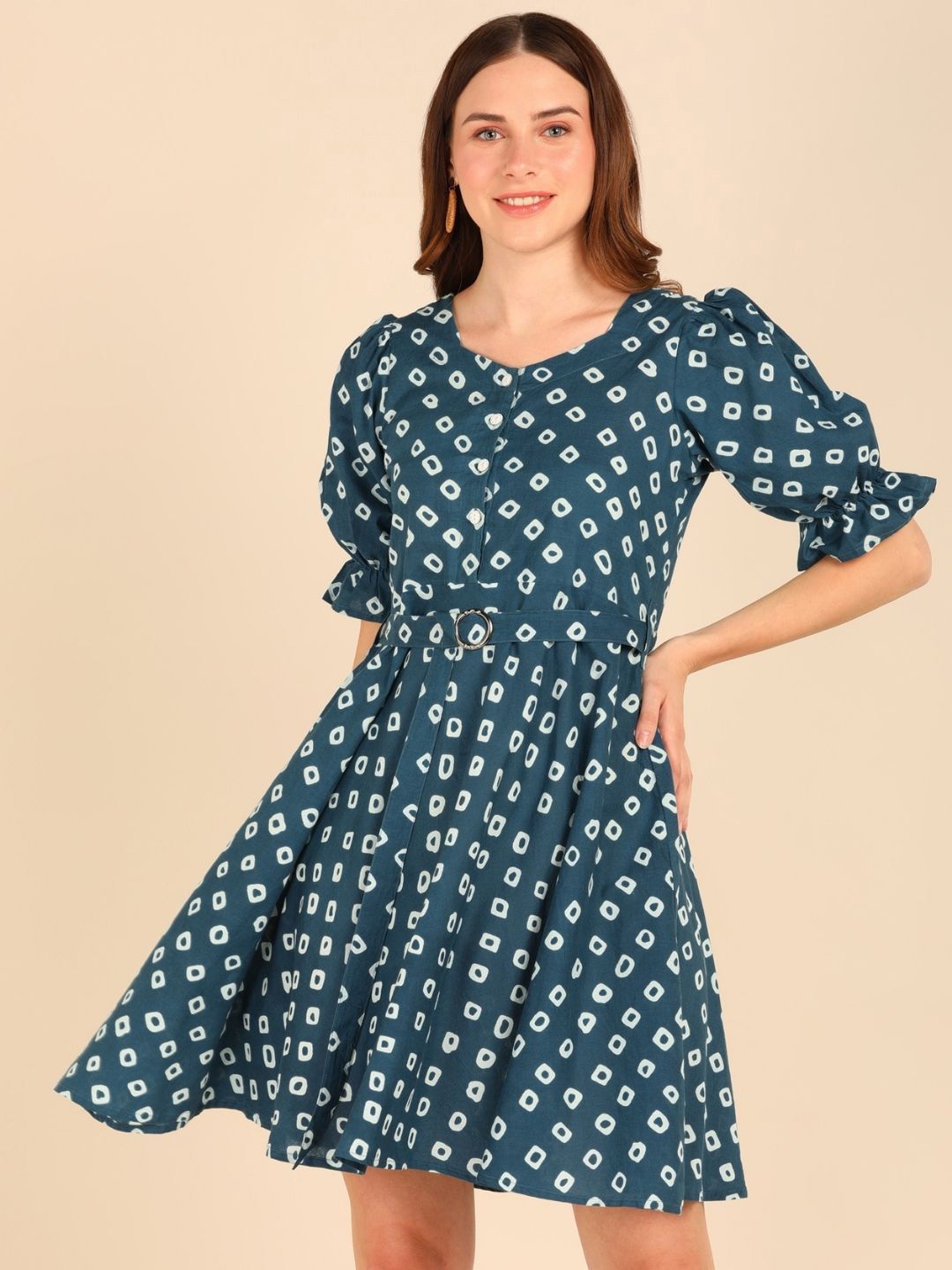 VEDANA Women Blue Geometric Printed Cotton Fit and Flare Dress Price in India