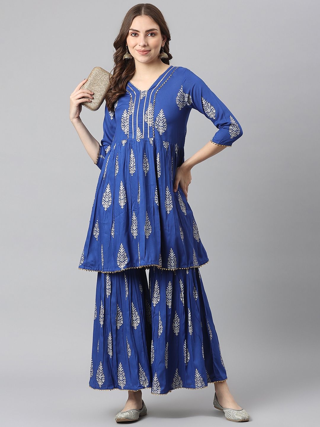 KALINI Women Blue Ethnic Motifs Printed Gotta Patti Kurta with Sharara Price in India