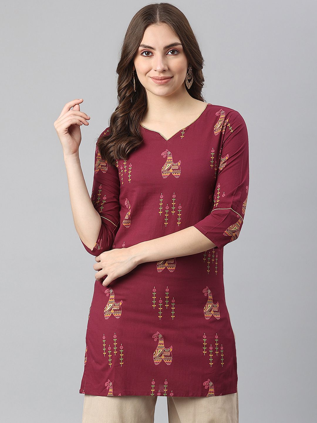 KALINI Maroon & Yellow Ethnic Motifs Embroidered Kurti