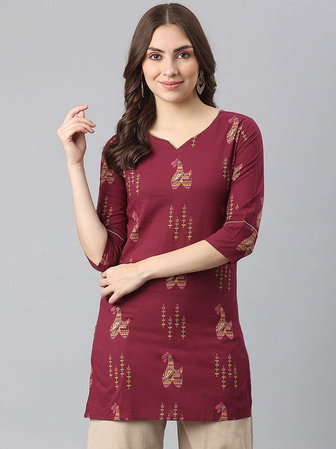 KALINI Maroon & Yellow Ethnic Motifs Embroidered Kurti Price in India