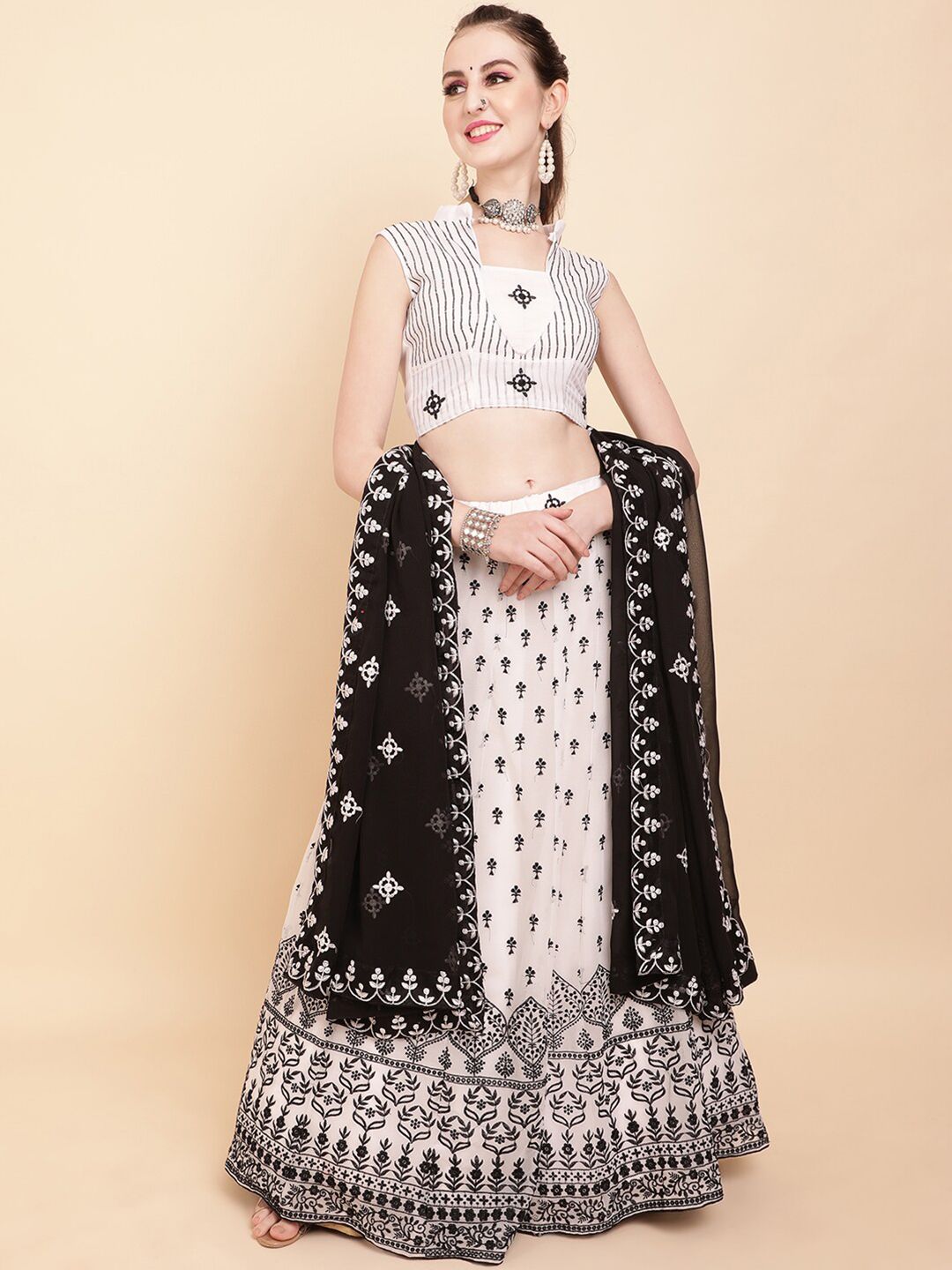 Sangria Black & White Embroidered Semi-Stitched Lehenga & Unstitched Blouse With Dupatta Price in India
