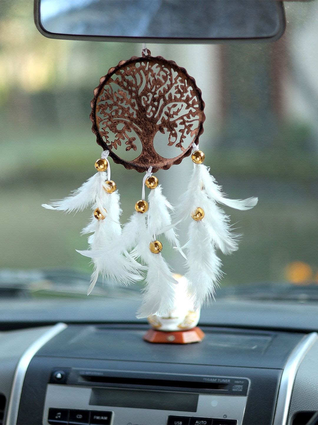 DULI White & Brown Hanging Tree of Life Dream Catcher with Feathers Price in India