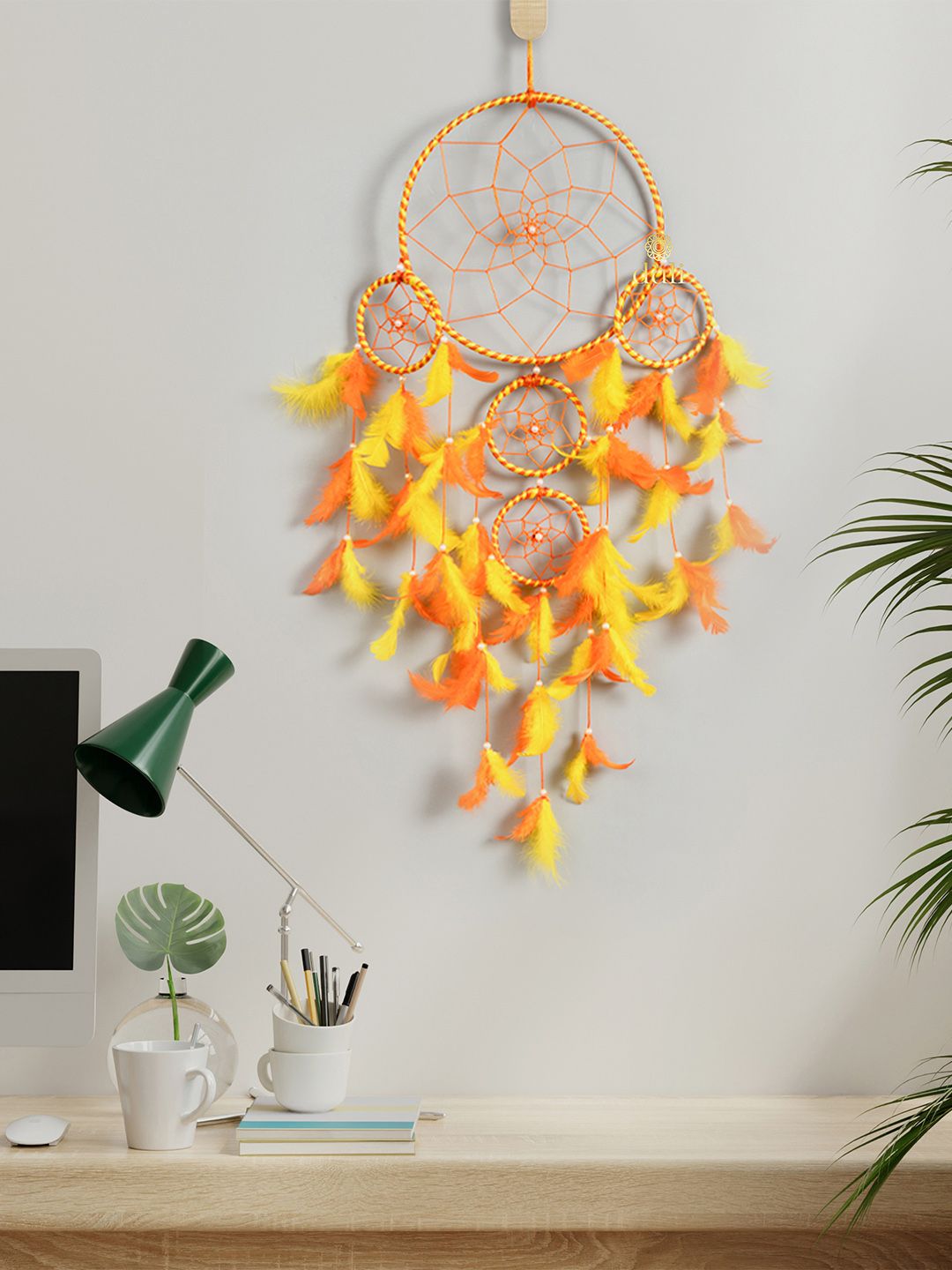 DULI Orange & Yellow Hanging 5 Rings Dream Catcher Price in India