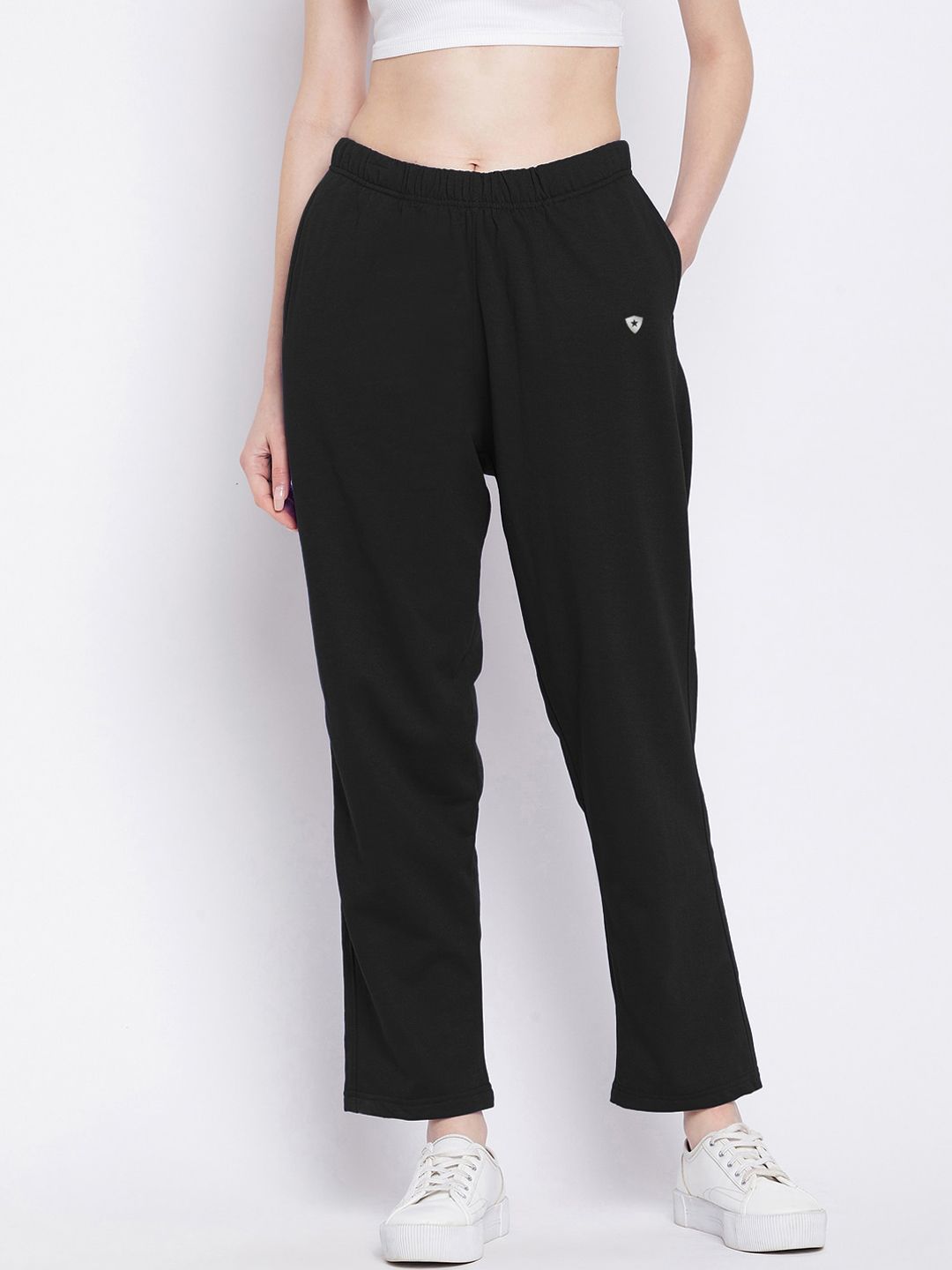 FRENCH FLEXIOUS Women Black Solid Loose-Fit Dry Fit Track Pant Price in India