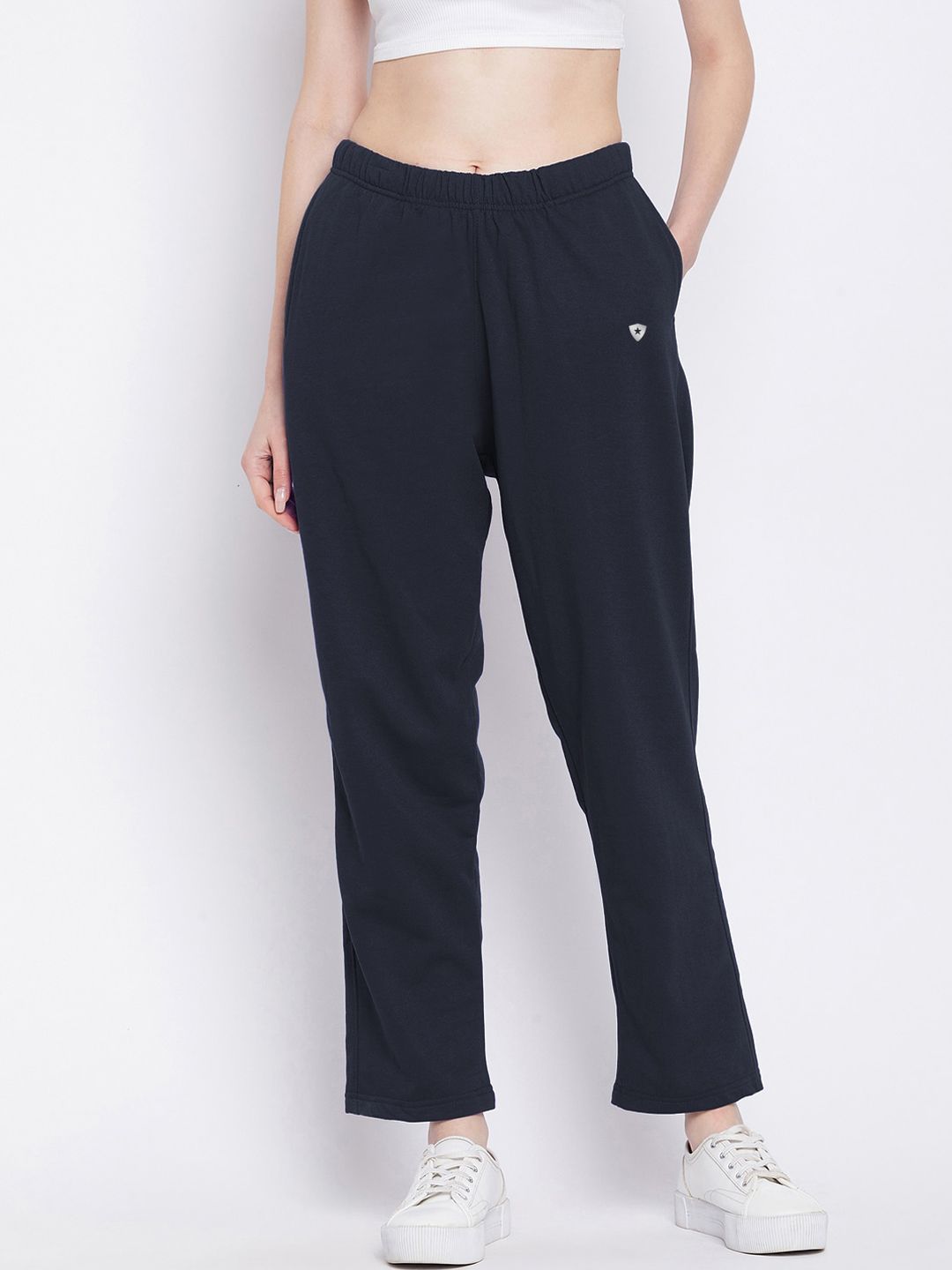 FRENCH FLEXIOUS Women Navy Blue Solid Relaxed-Fit Track Pants Price in India