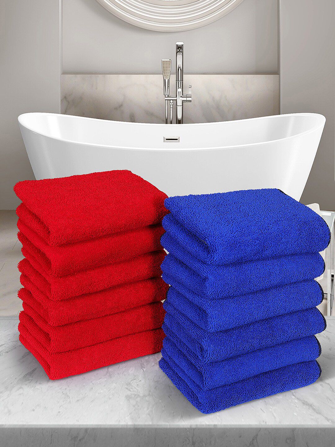 ROMEE Blue & Red Set of 12 Solid 500GSM Cotton Hand Towel Price in India