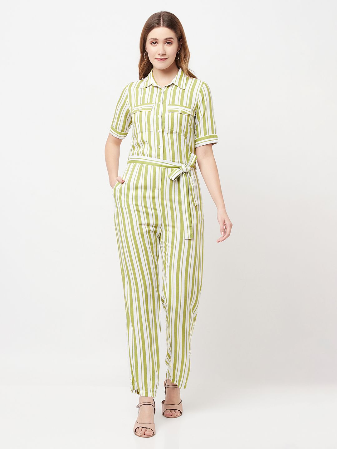 Crimsoune Club Olive Green & White Striped Basic Jumpsuit Price in India