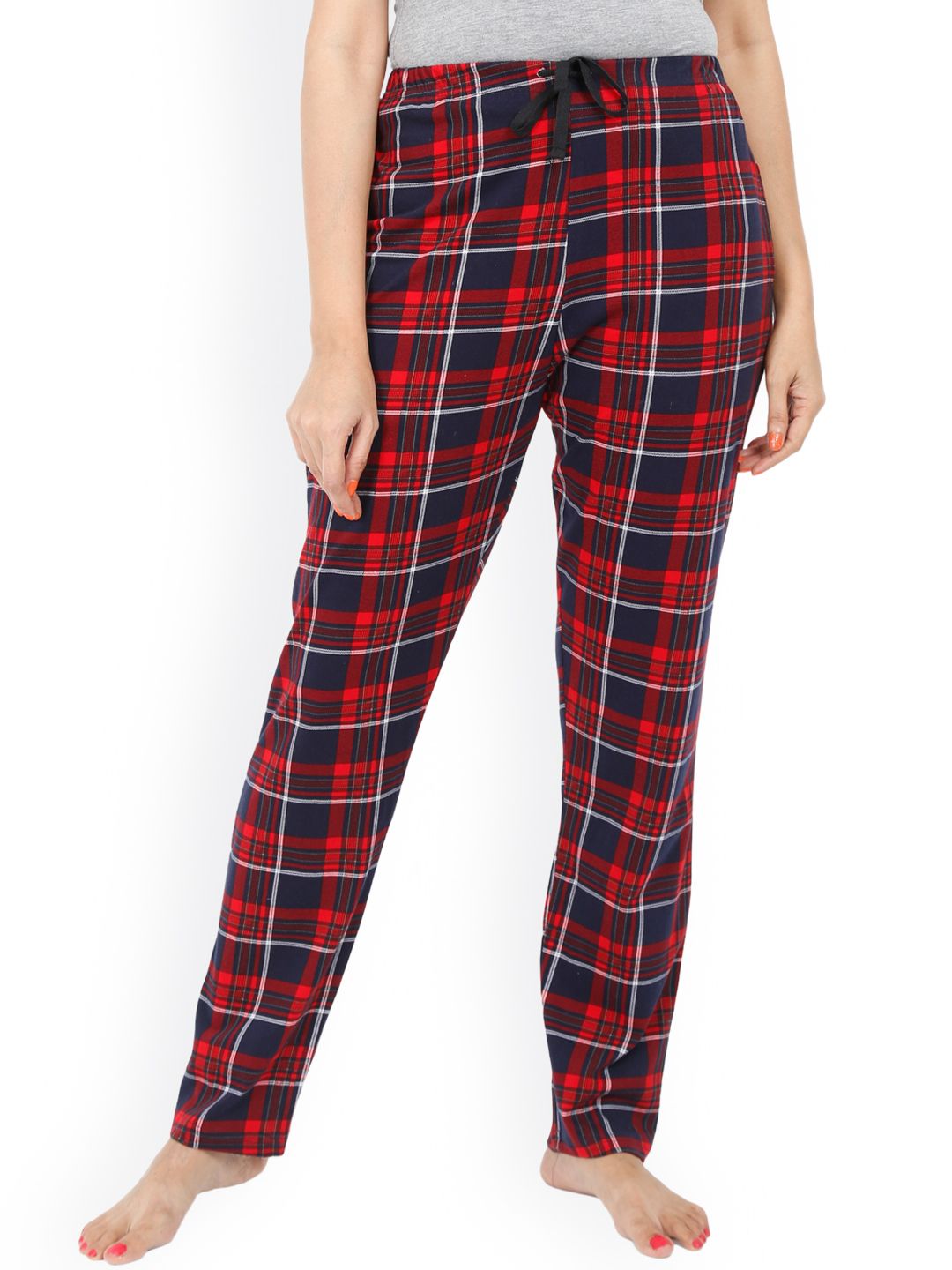 9shines Label Women Navy Blue & Red Checked Lounge Pants Price in India