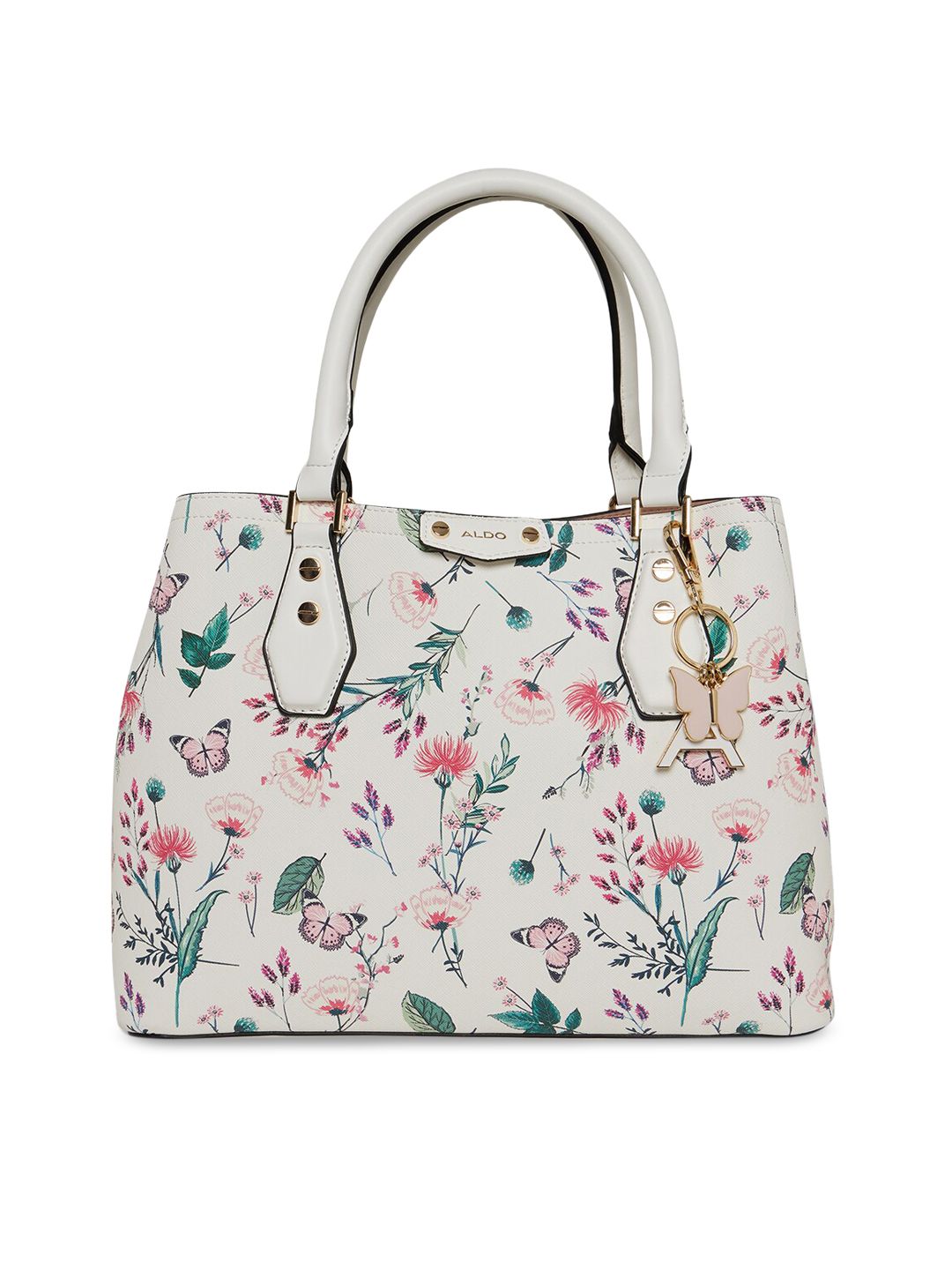 ALDO White Floral Printed Shopper Handheld Bag with Tasselled