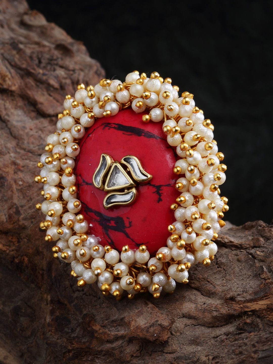DUGRISTYLE Gold-Plated Red Kundan Stone Studded Finger Ring Price in India