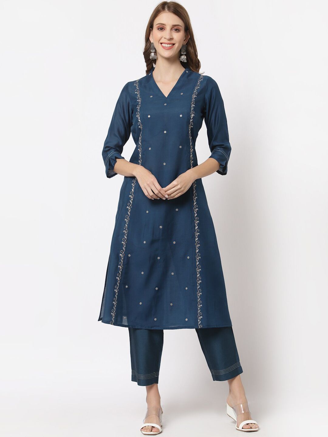 KAMI KUBI Women Blue Ethnic Motifs Embroidered Thread Work Kurta Price in India