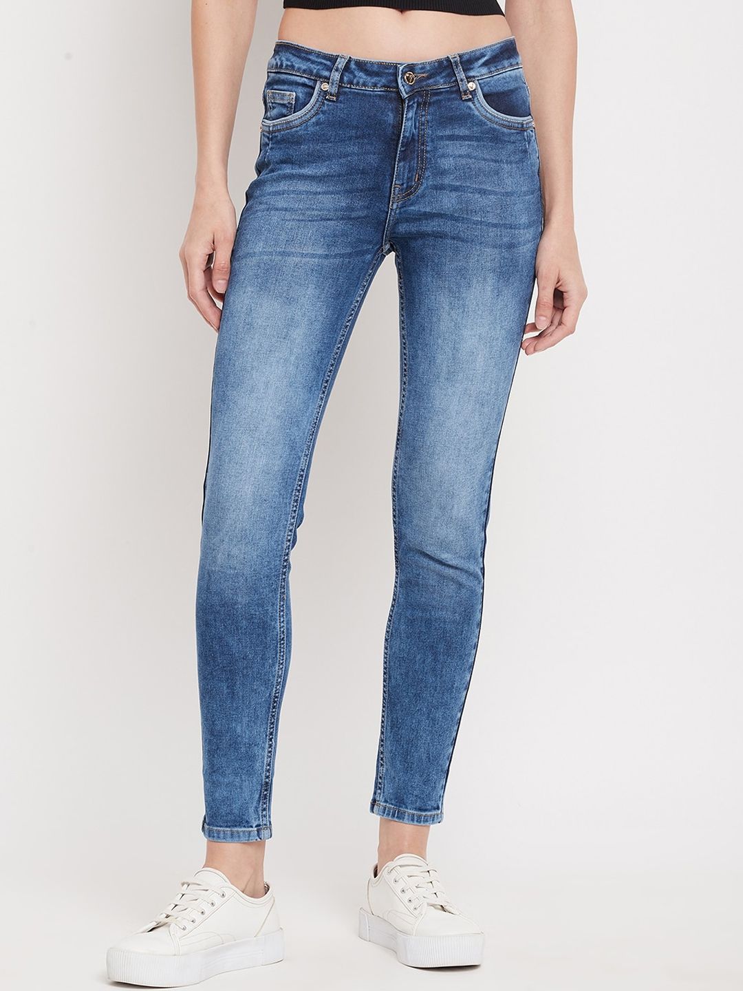 Madame Women Blue Slim Fit Heavy Fade Jeans Price in India