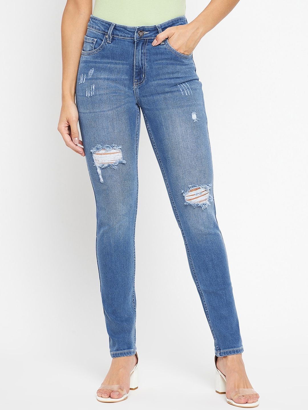 Madame Women Blue Mildly Distressed Light Fade Jeans Price in India