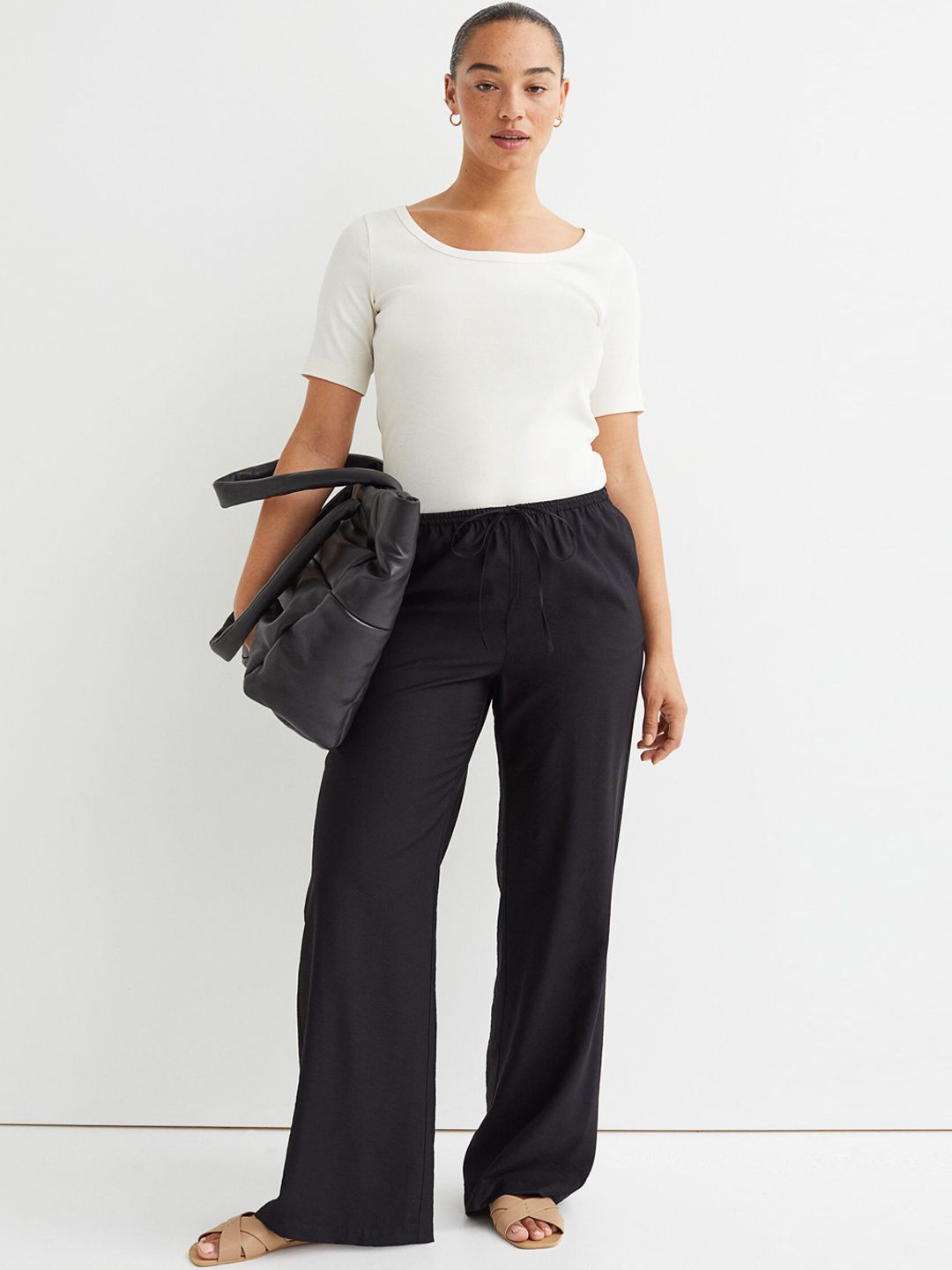 H&M Women Black Wide Satin Trousers Price in India