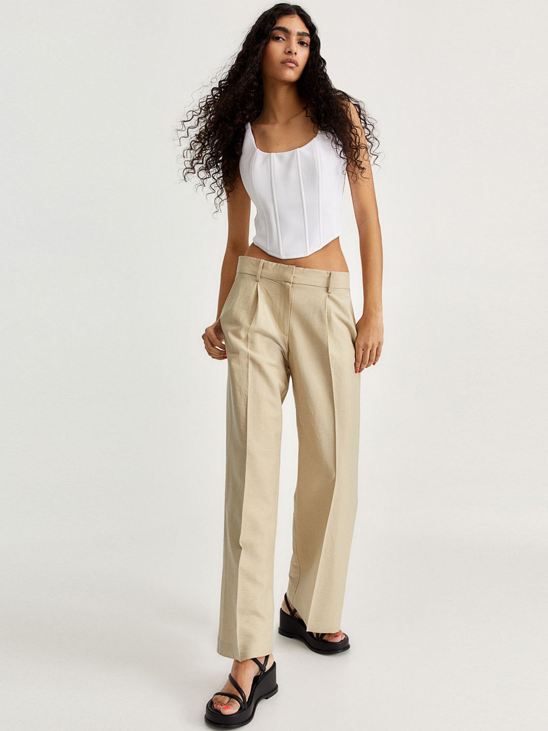 H&M Beige Wide Linen-Blend Trousers Price in India