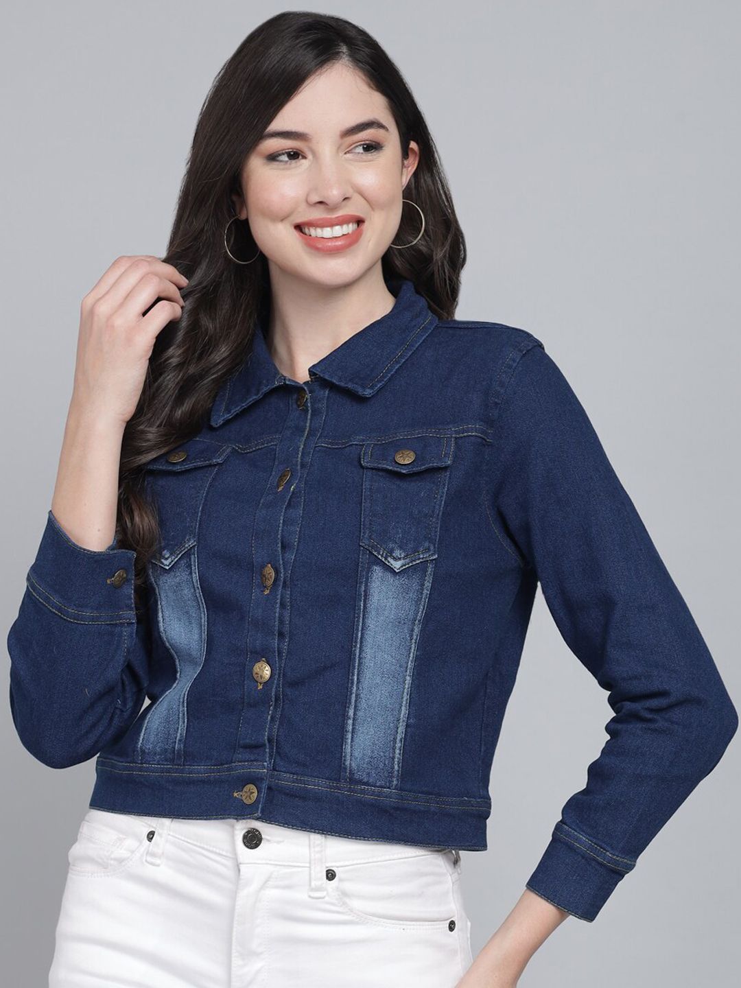 FurryFlair Women Blue Washed Crop Denim Jacket Price in India