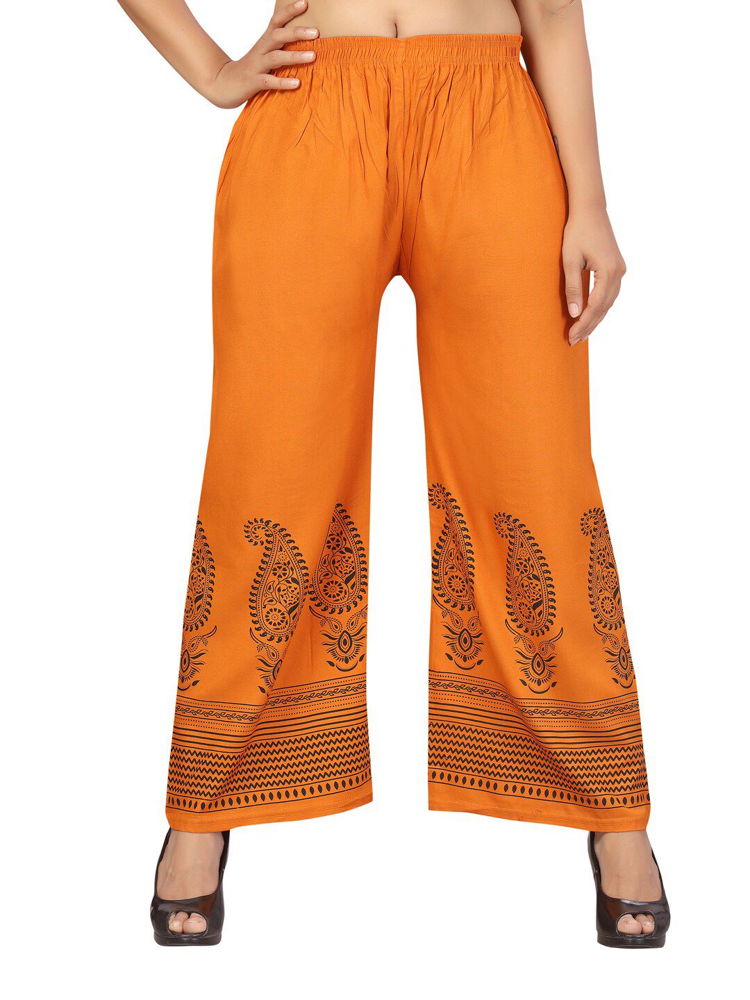 Aarika Women Orange & Black Ethnic Motifs Printed Knitted Ethnic Palazzos Price in India