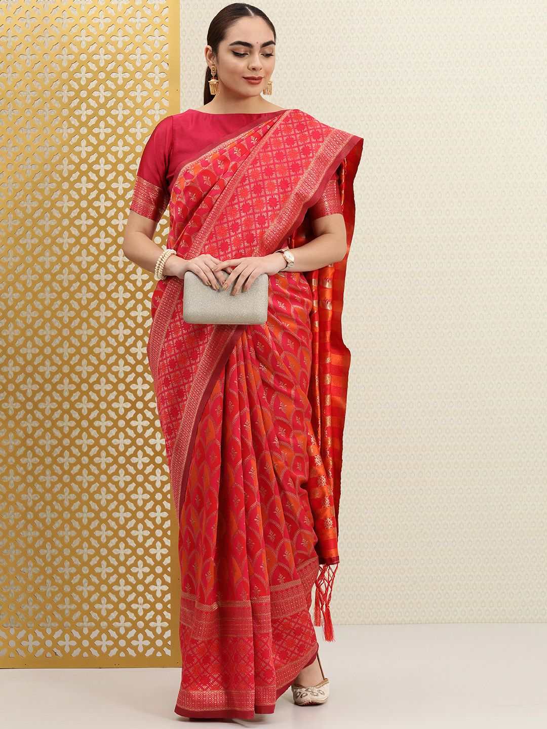 House of Pataudi Pink & Orange Ethnic Motifs Zari Silk Blend Banarasi Saree
