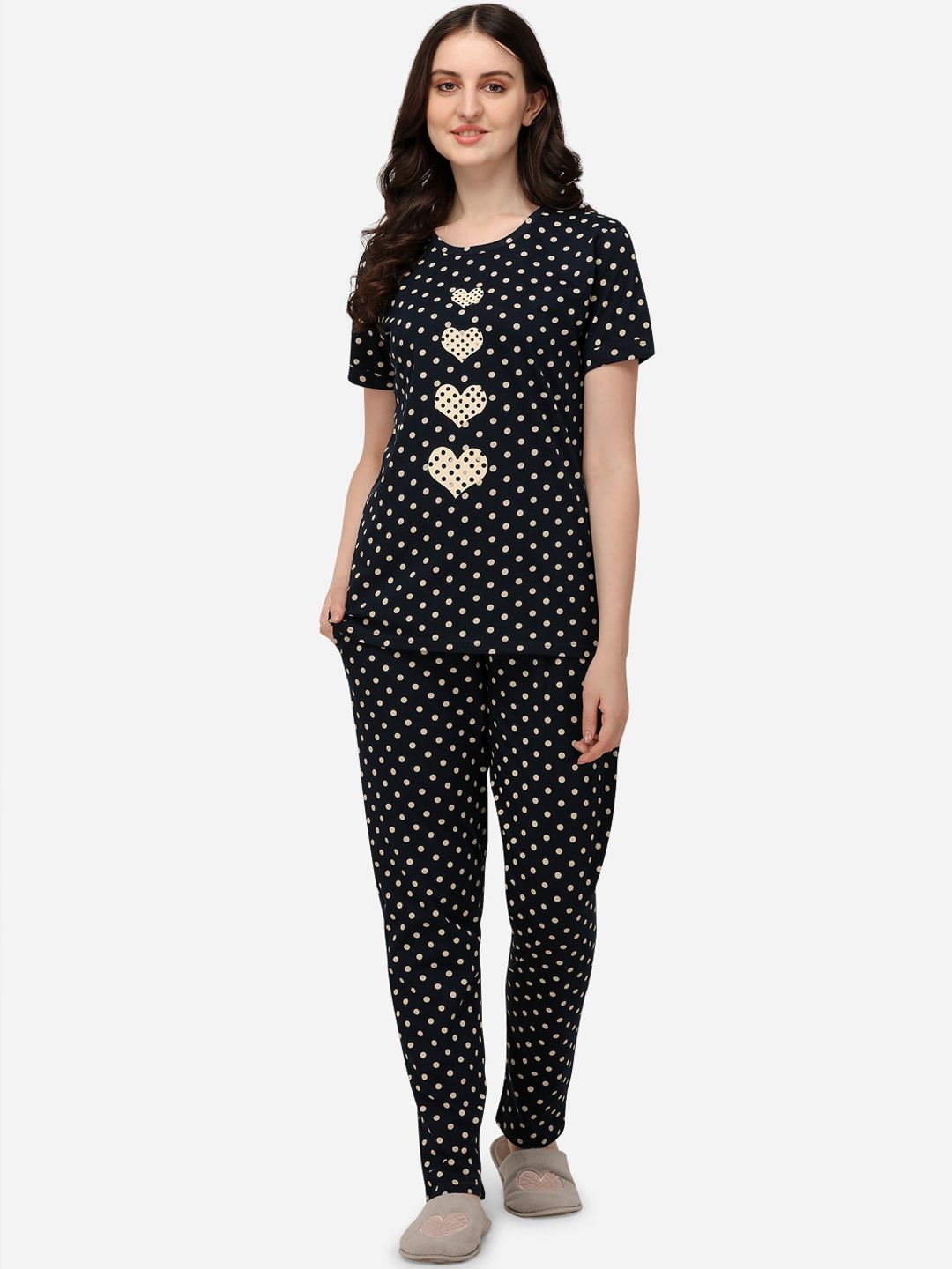 Lenissa Women Navy Blue & Beige Polka Dots Printed Pure Cotton Night Suit Price in India
