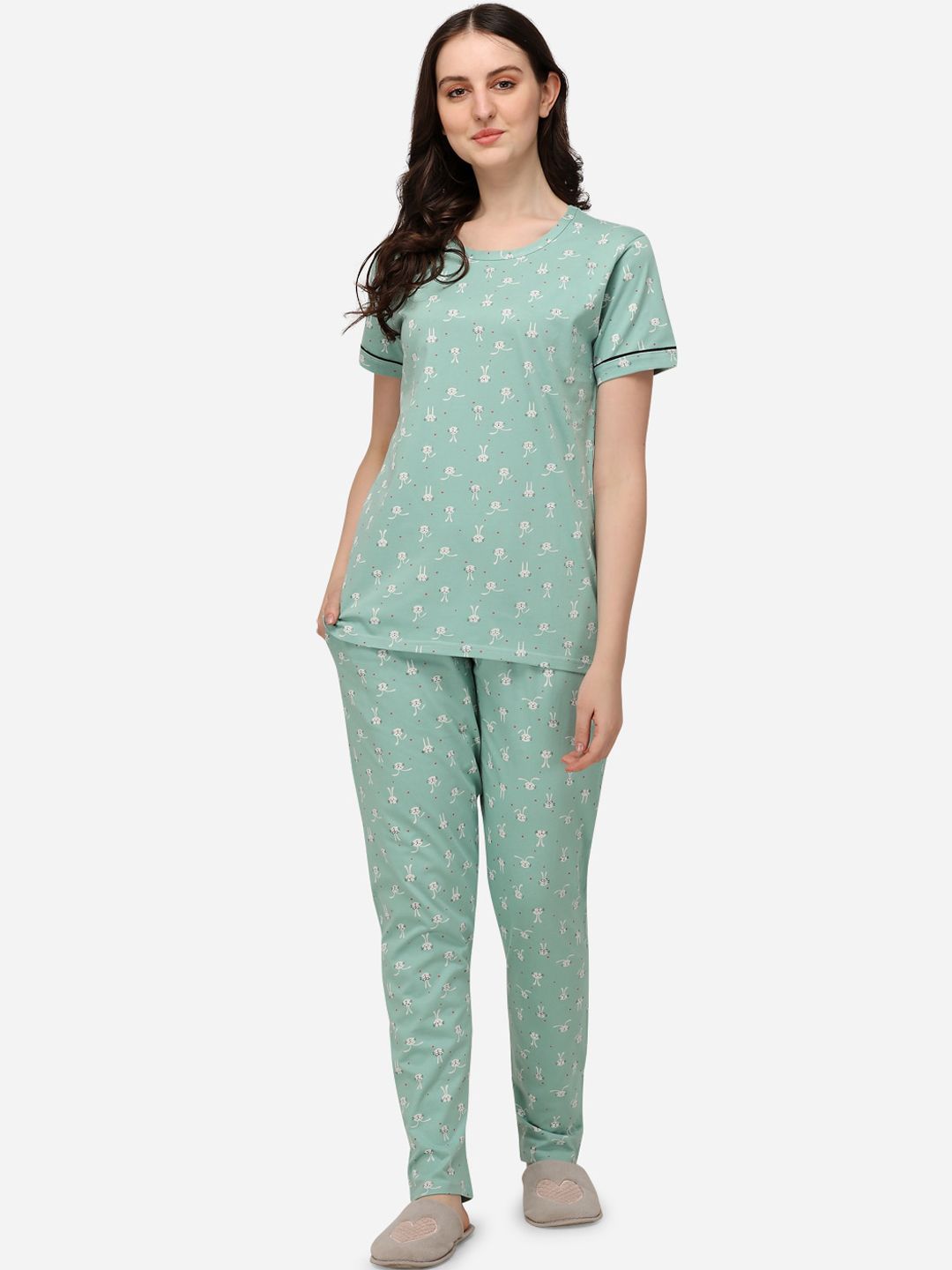 Lenissa Women Sea Green & White Graphic Printed Pure Cotton Night Suit Price in India