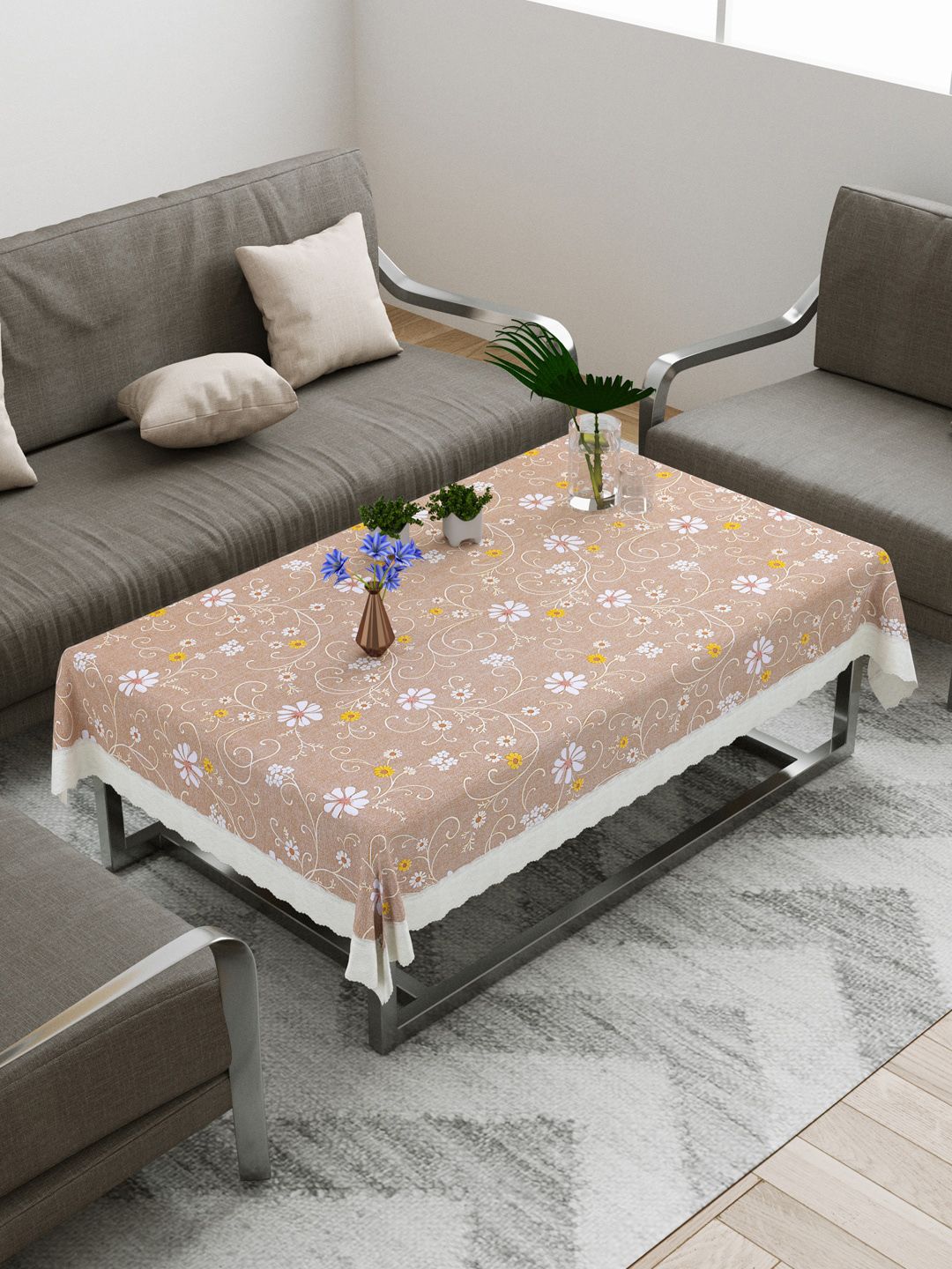 DREAM WEAVERZ Beige & White Floral Printed 4-Seater Table Cover Price in India