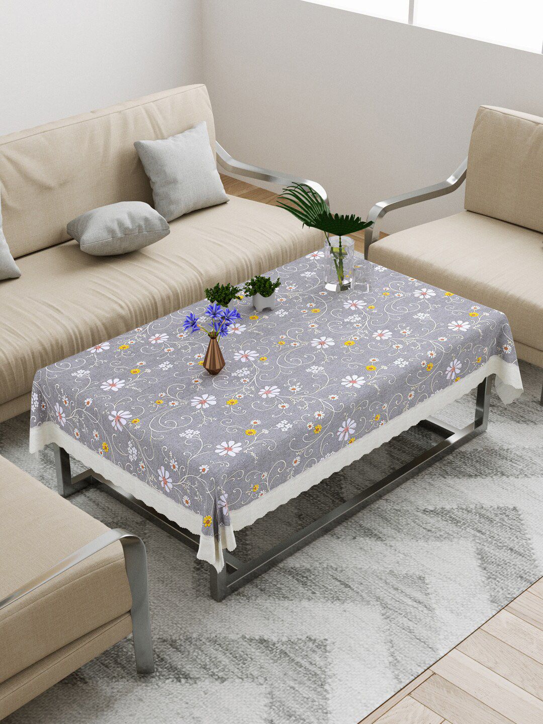 DREAM WEAVERZ Grey & White Floral Printed Rectangular Center Table Covers Price in India
