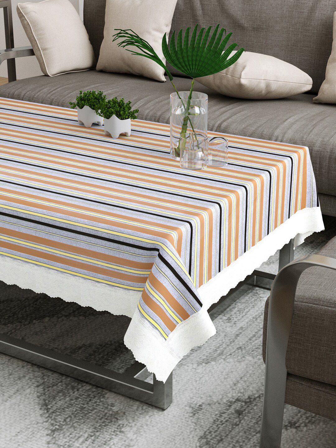 DREAM WEAVERZ Grey & Black Striped Printed 4-Seater Rectangle Table Cover Price in India