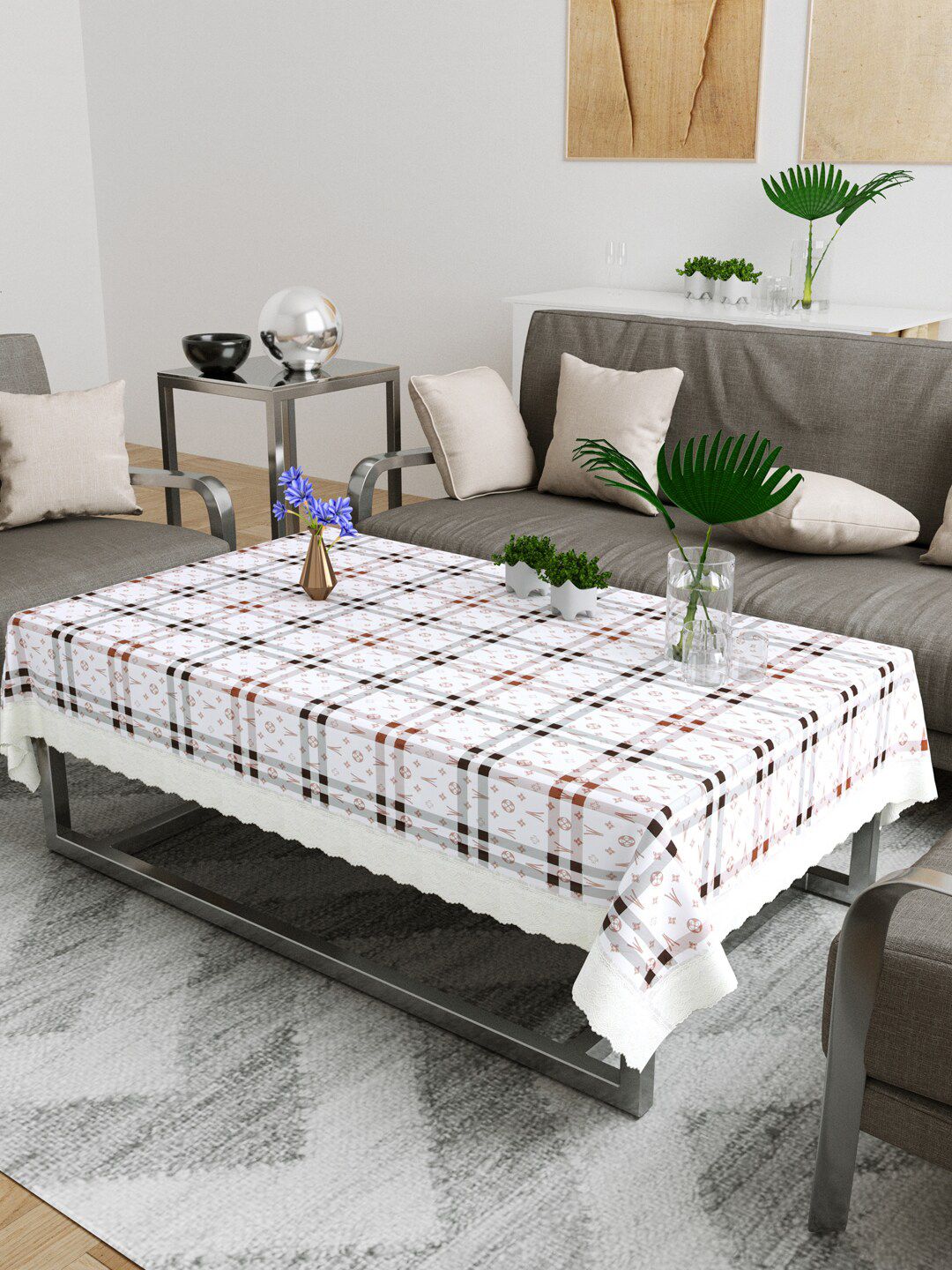 DREAM WEAVERZ White & Brown Checked Rectangular Center Table Price in India