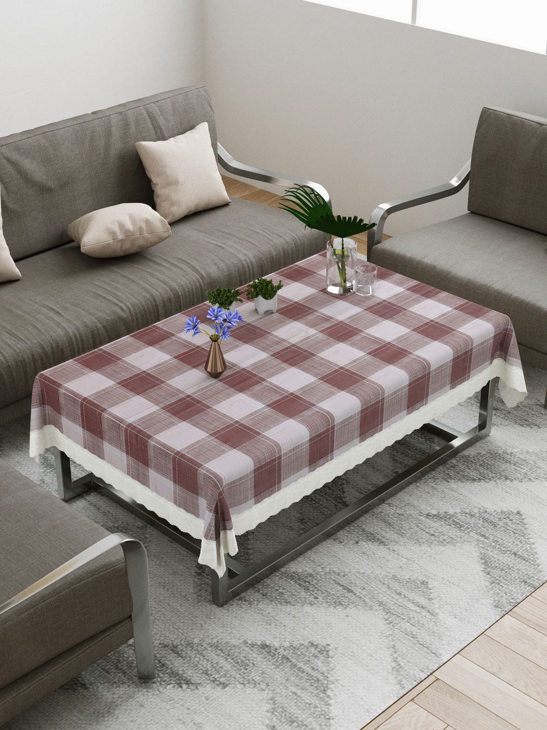 DREAM WEAVERZ Cream-Coloured & Maroon Checked Center Table Cover Price in India