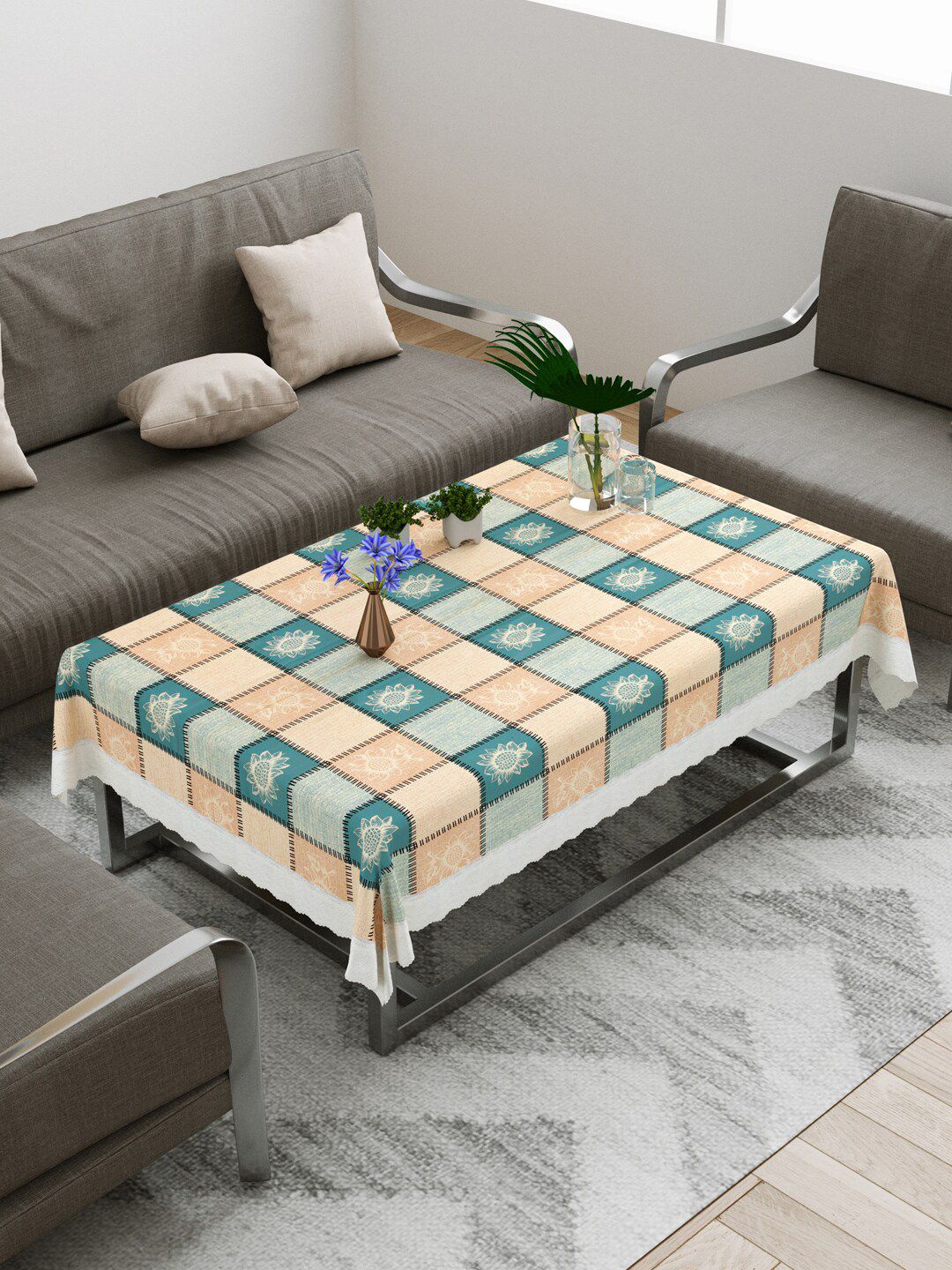 DREAM WEAVERZ Green & Beige Checked Centre Table Cover Price in India