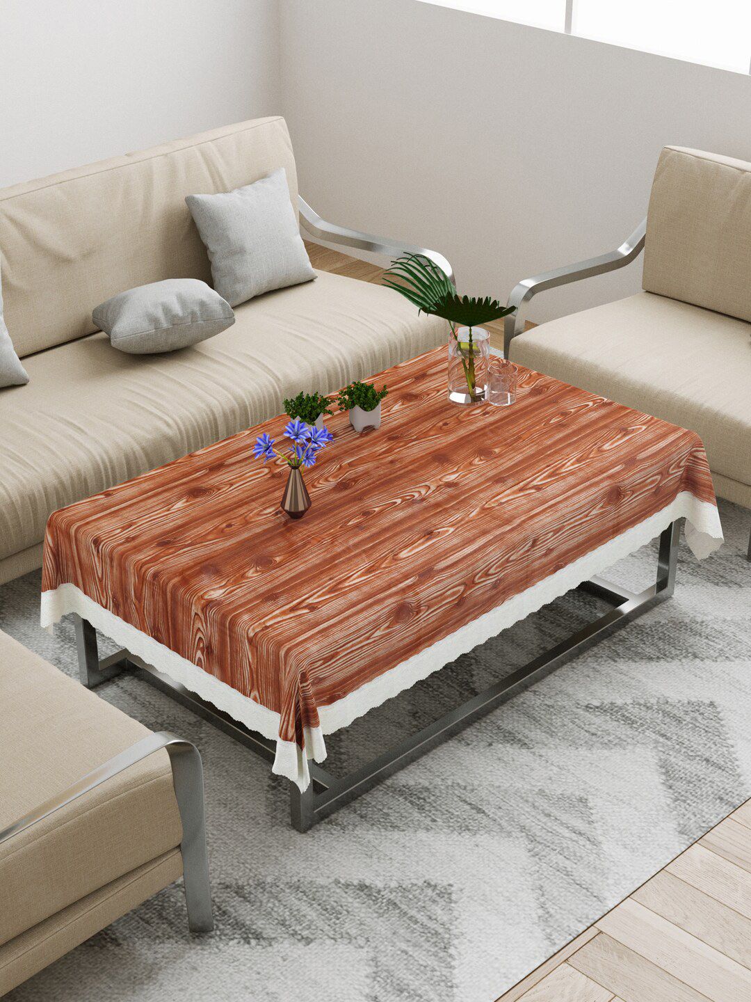 DREAM WEAVERZ  Brown & White Printed Wooden Finish Rectangle Table Covers Price in India