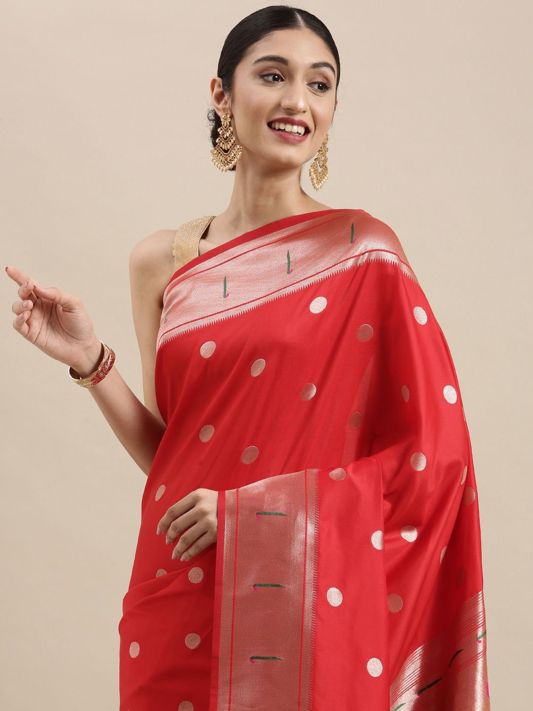 Mitera Red & Golden Zari Woven Design Paithani Saree Price in India