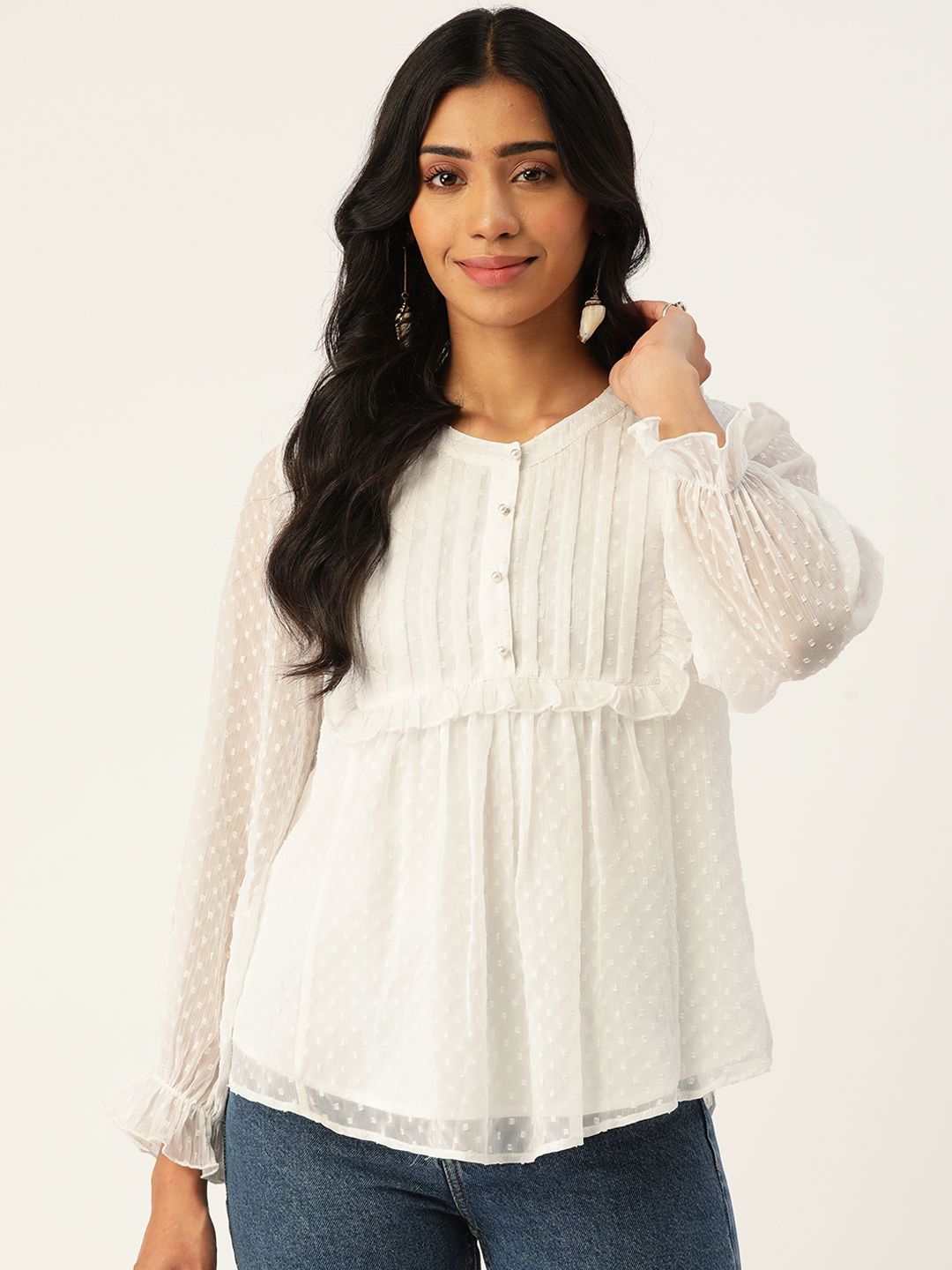 Antheaa Women White Dobby Weave Top Price in India