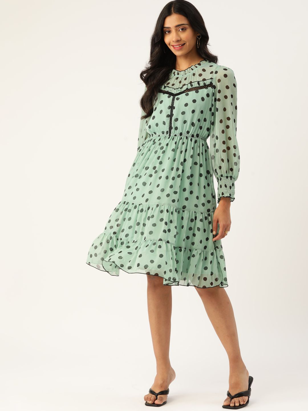 Antheaa Women Sea Green & Black Polka Dot Printed A-Line Dress Price in India