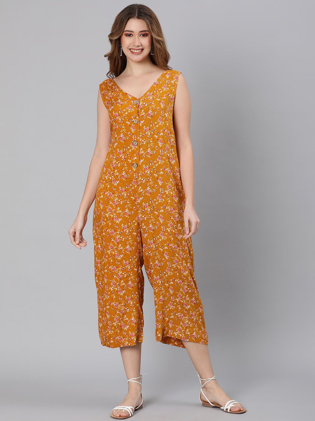 Oxolloxo Mustard & White Floral Printed Jumpsuit Price in India
