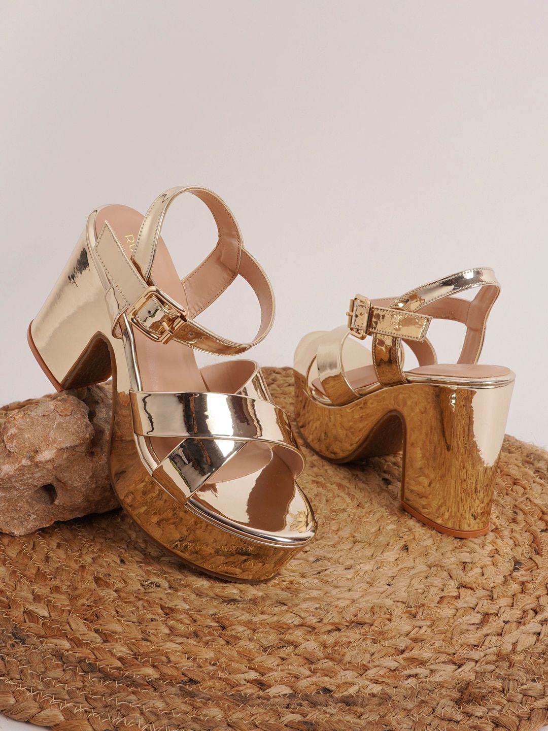 Rubeezz Gold-Toned Party Block Heels with Buckles Price in India