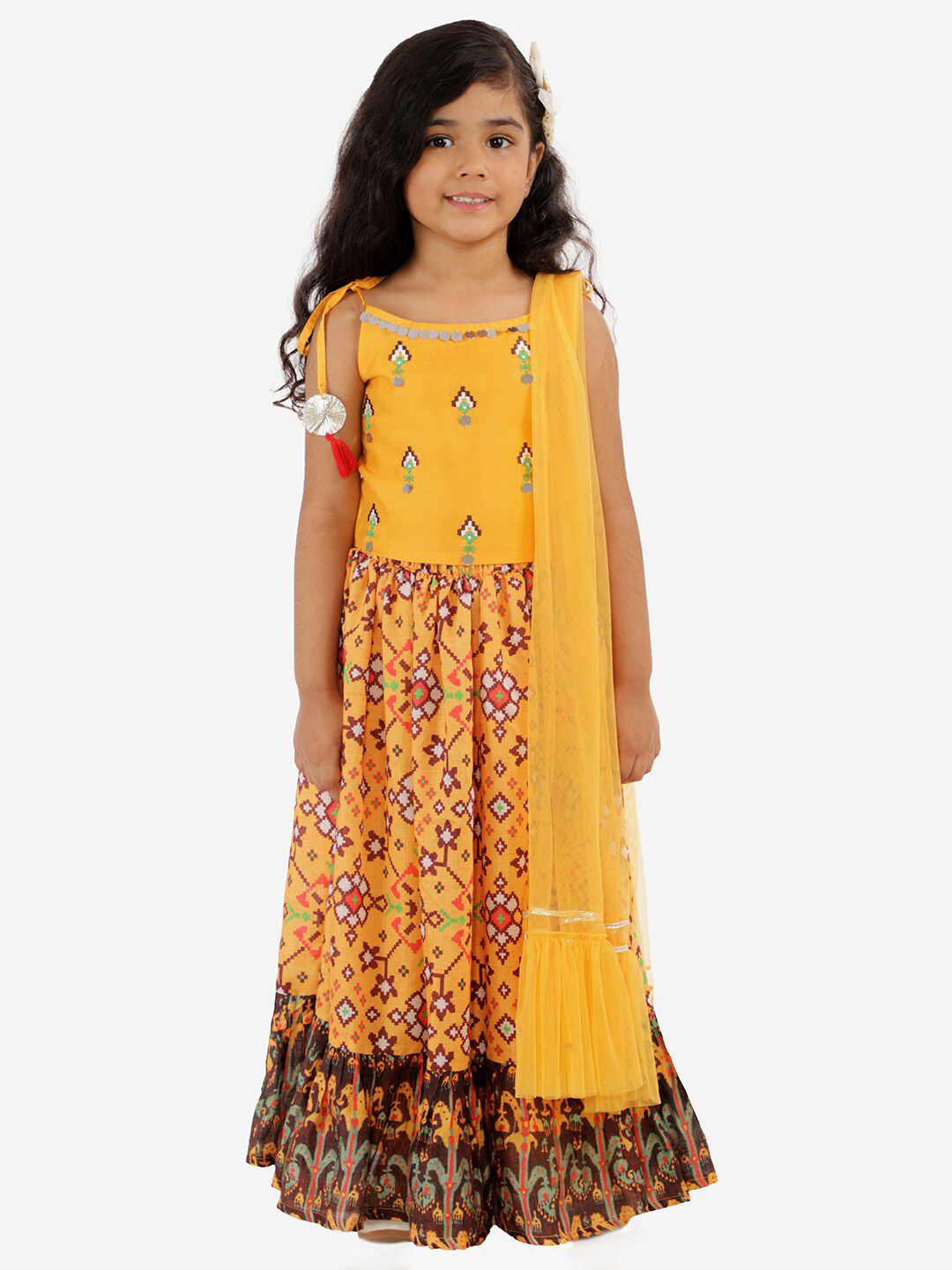 LIL DRAMA Girls Yellow & Green Embroidered Cotton Ready to Wear Lehenga Choli & Dupatta