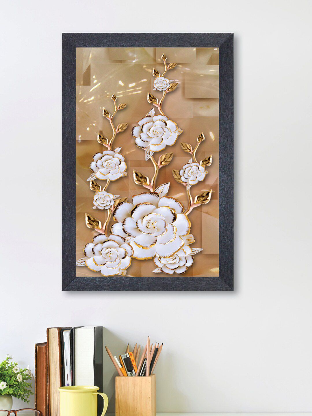 nest ART Gold-Toned & White Floral Framed Flower Wall Art Price in India