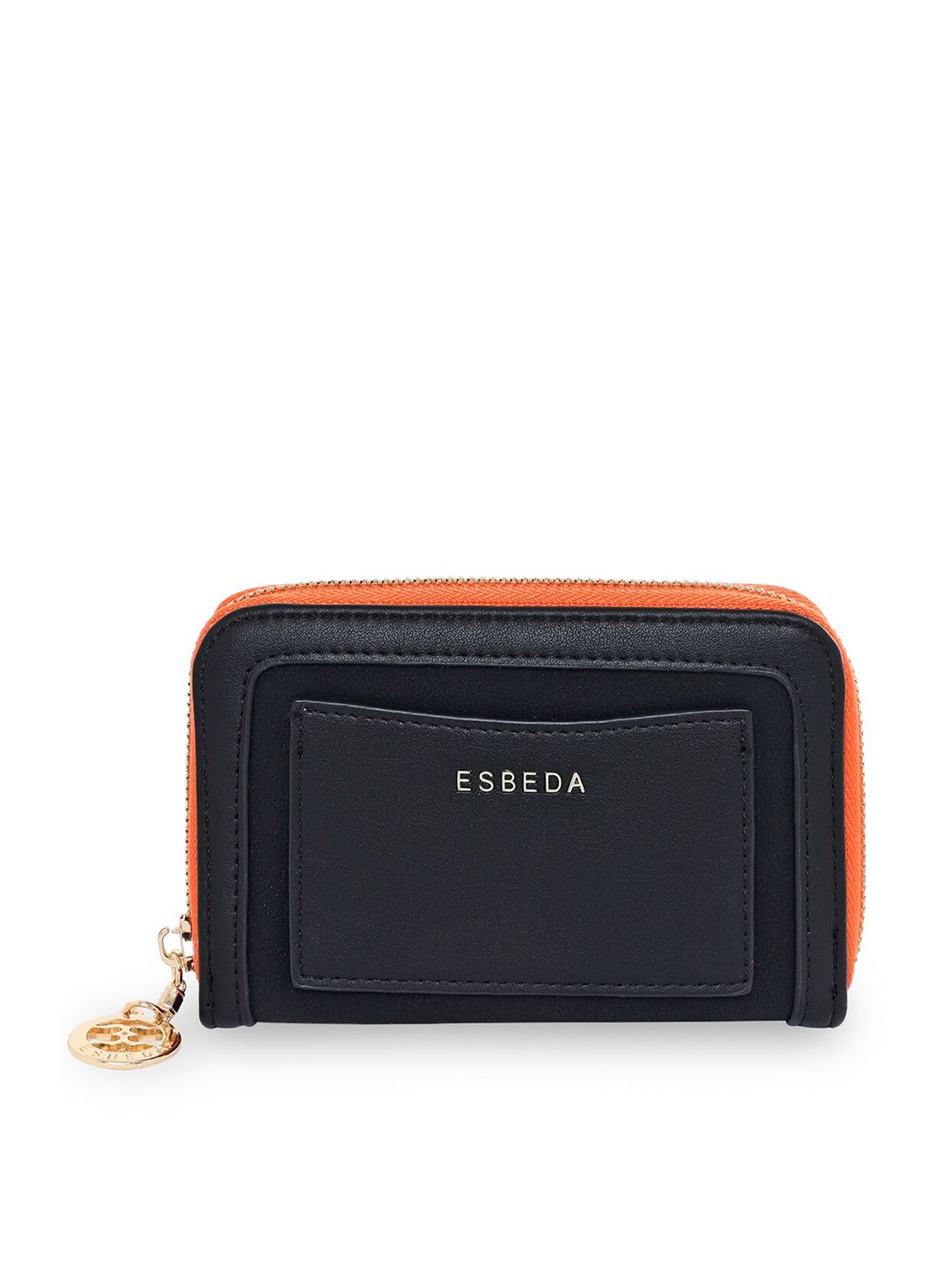 ESBEDA Women Black & Orange Suede Zip Around Wallet Price in India