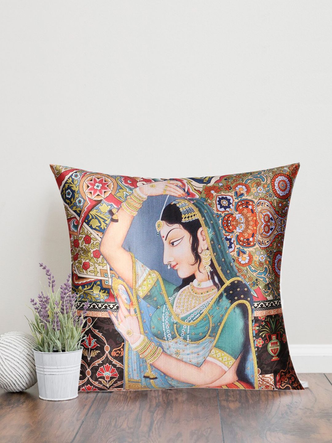 Sivya Multicoloured Mughal 2.o Ethnic Motifs Square Cushion Cover Price in India